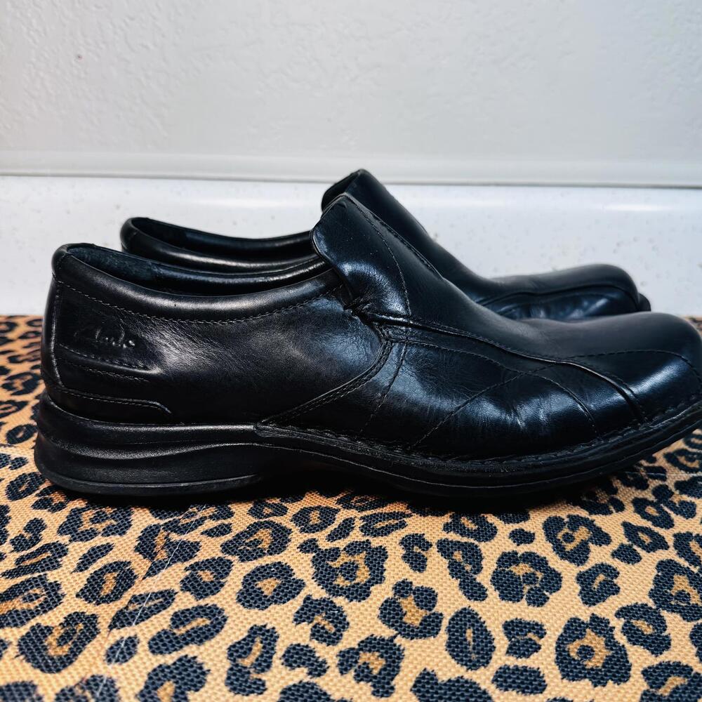 Clarks Wave Black Leather Slip-On Shoes Mens Size 9.5